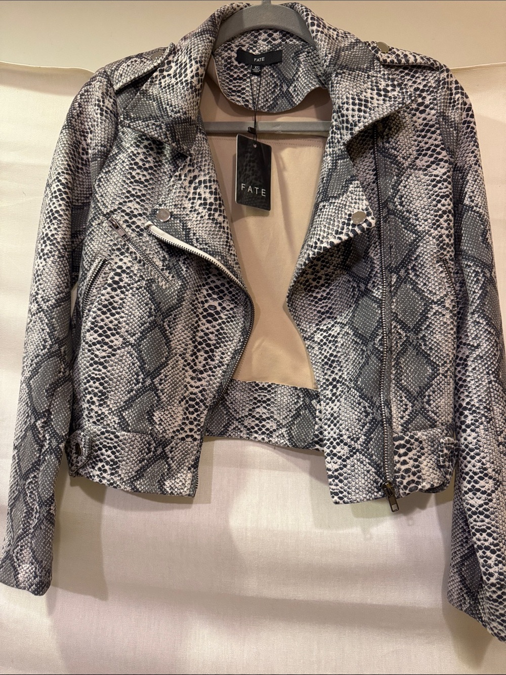 Fate Women's Black & White Faux Snake-Print Moto Jacket